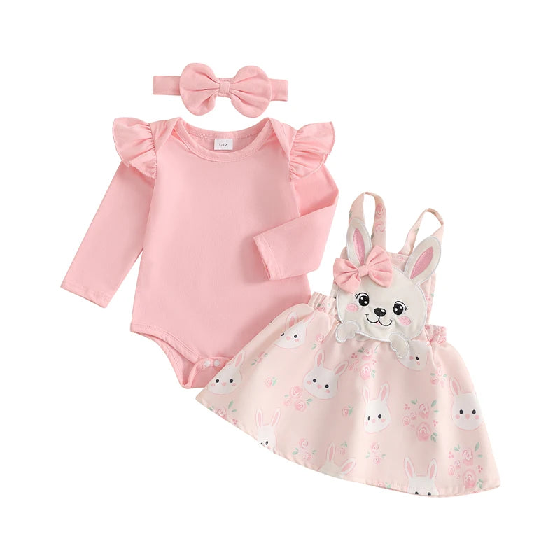 Adorable Baby Girl Easter Outfit with Bunny Applique Ruffle Romper Suspender Skirt and Bow Headband - 3 Piece Spring Set