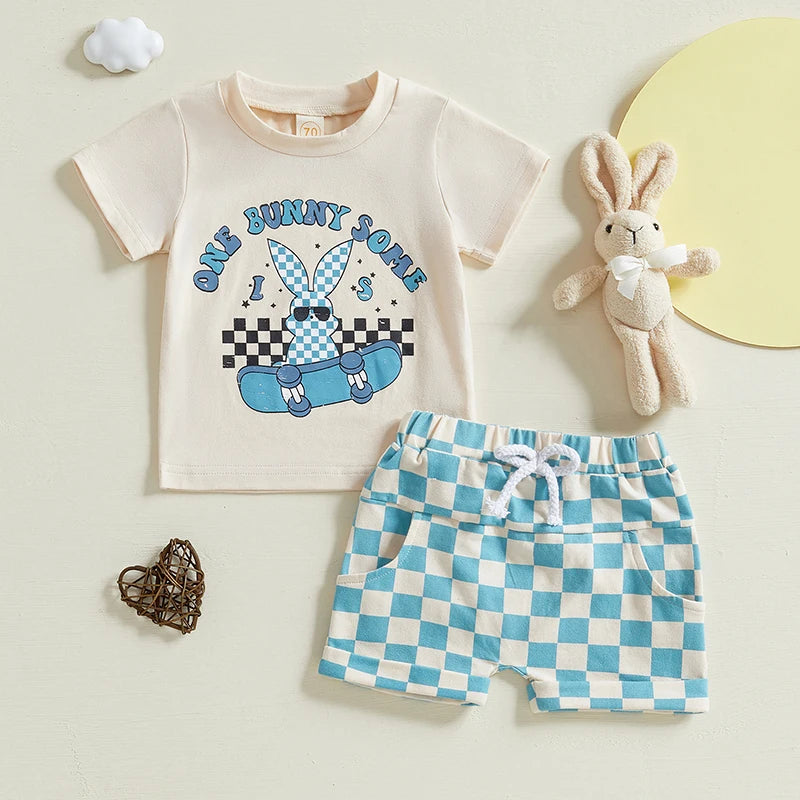Baby Boys Easter Outfit Short Sleeve Bunny Print Top and Plaid Shorts Set with Matching Bowtie and Suspenders