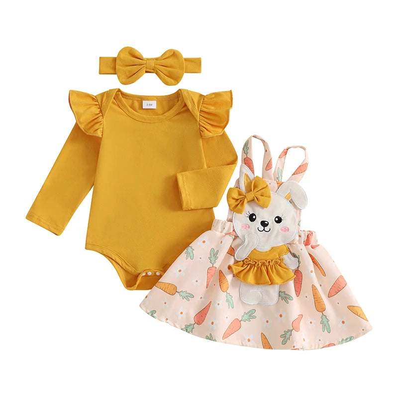Adorable Baby Girl Easter Outfit with Bunny Applique Ruffle Romper Suspender Skirt and Bow Headband - 3 Piece Spring Set