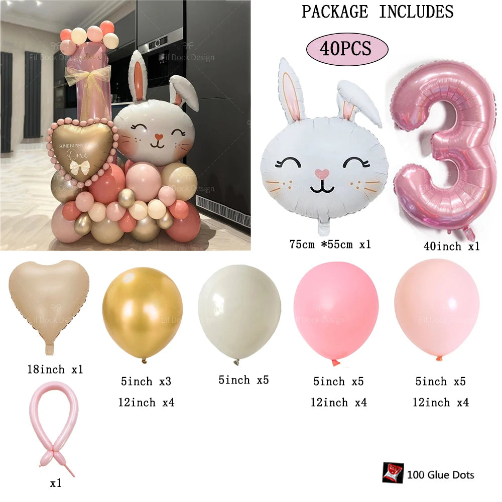 40pcs Easter Themed Cute Rabbit Foil Balloon 40inch Pink Number 1-9 Balloon Set for Girl Birthday Party Decoration Baby Shower