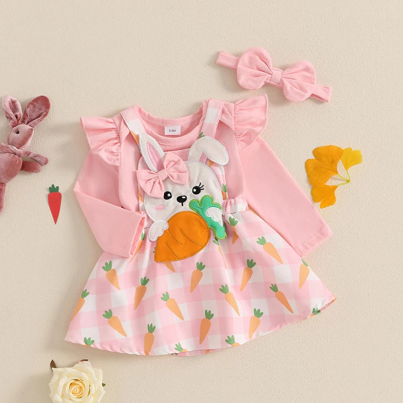 Adorable Baby Girl Easter Outfit with Bunny Applique Ruffle Romper Suspender Skirt and Bow Headband - 3 Piece Spring Set