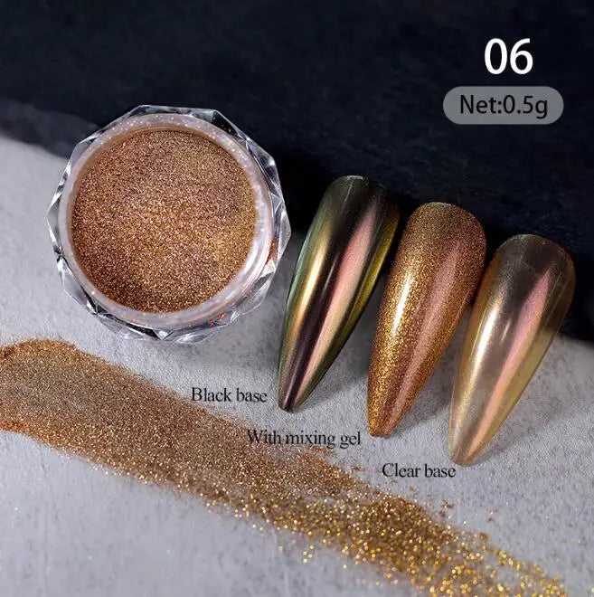 1 Jars Brown Magic Mirror Nails Powder Holographic Laser Glitte Chameleon Auroras Pigment Manicure Rubbing Nail Art Chrome Dust