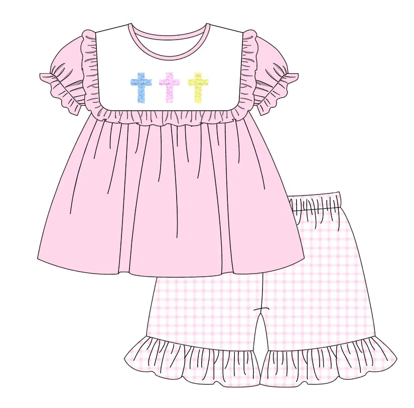 Easter Boutique Short Sleeve T-shirt Round Neck Cross French Knot Girl Dress Pink Romper Boy Blue Top Clothes And Lattice Pants