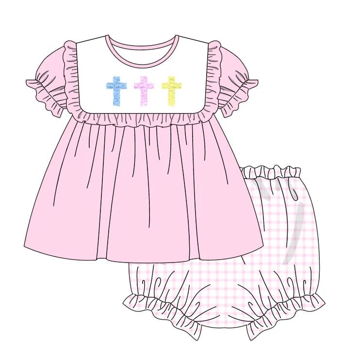 Easter Boutique Short Sleeve T-shirt Round Neck Cross French Knot Girl Dress Pink Romper Boy Blue Top Clothes And Lattice Pants