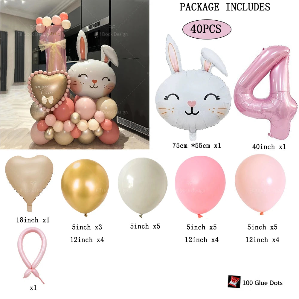 40pcs Easter Themed Cute Rabbit Foil Balloon 40inch Pink Number 1-9 Balloon Set for Girl Birthday Party Decoration Baby Shower
