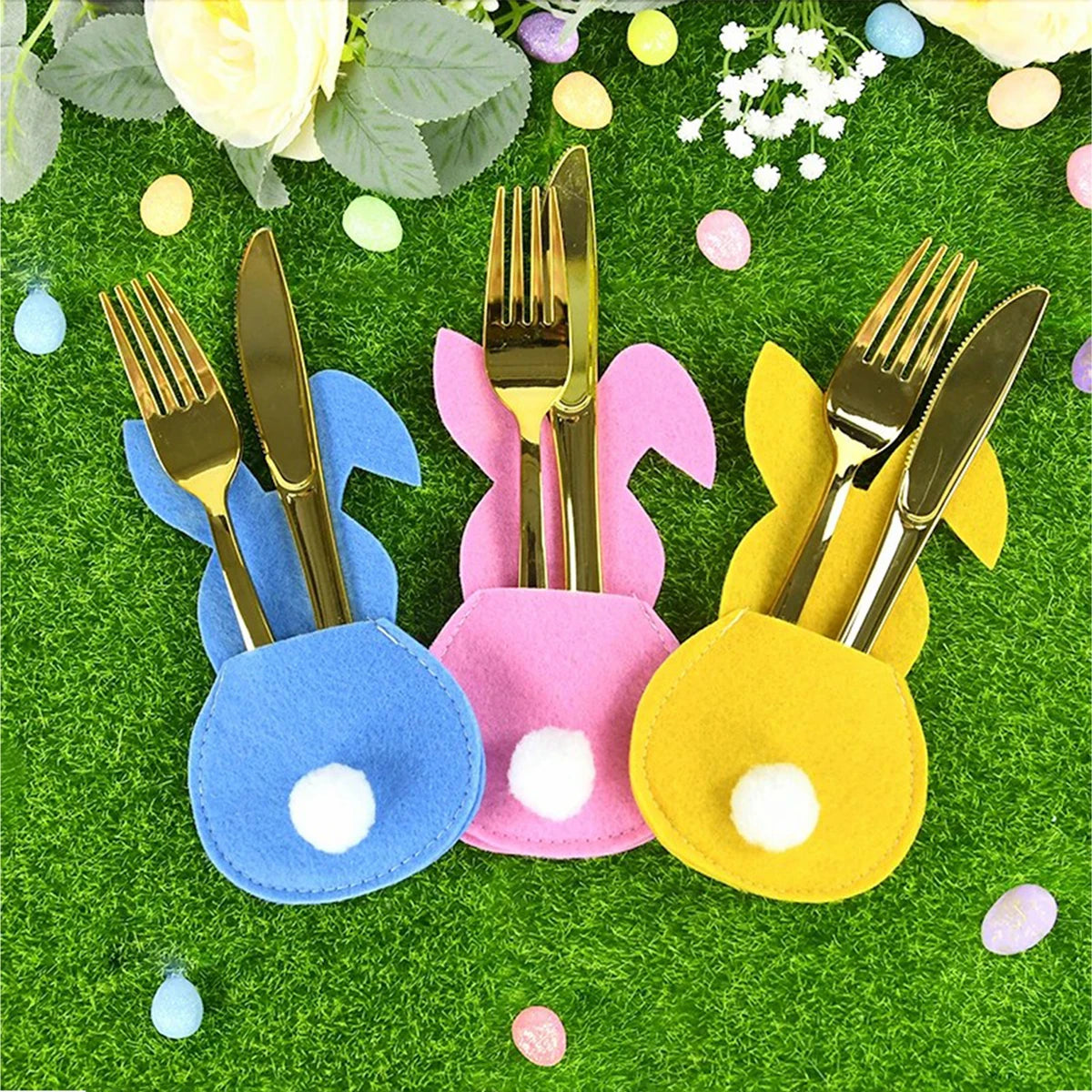 4pcs Felt Bunny Rabbit Knife Fork Holder Bags Easter Cutlery Bag Tableware Spring Easter Festival Party Home Table Decorations