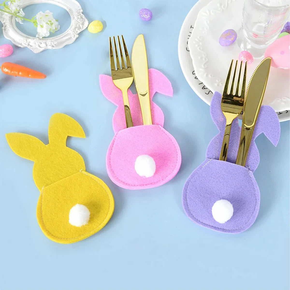 4pcs Felt Bunny Rabbit Knife Fork Holder Bags Easter Cutlery Bag Tableware Spring Easter Festival Party Home Table Decorations