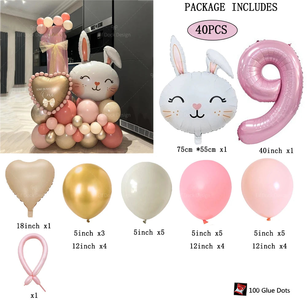 40pcs Easter Themed Cute Rabbit Foil Balloon 40inch Pink Number 1-9 Balloon Set for Girl Birthday Party Decoration Baby Shower