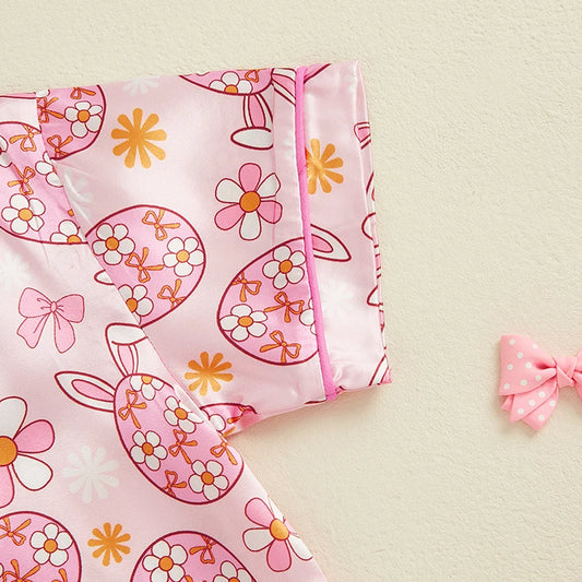 Adorable Toddler Girl Easter Pajamas Set with Egg and Floral Print Short Sleeve Lapel Tops and Elastic Waist Shorts Sleepwear