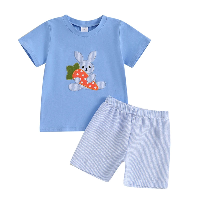 4-6Years Kids Baby Boys Easter Outfits Bunny Carrot Pattern Short Sleeves T-Shirt and Elastic Shorts 2 Piece Summer Set