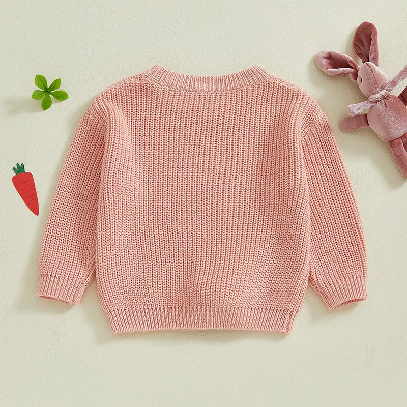 Baby Girls Sweater Easter Clothes Rabbit Flower Embroidery Crew Neck Long Sleeve Pullovers Tops Toddlers Knitwears for 0-3Y