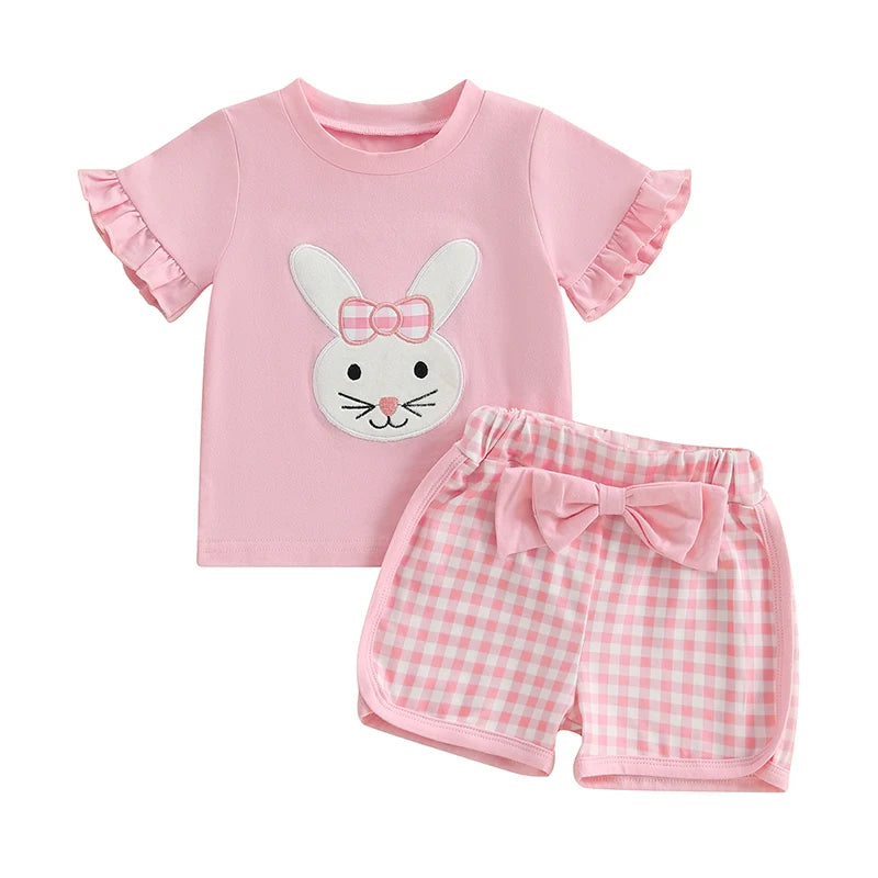 Adorable Toddler Girls Easter Outfits with Bunny Embroidery and Plaid Shorts - 2 Piece Set for Spring Style