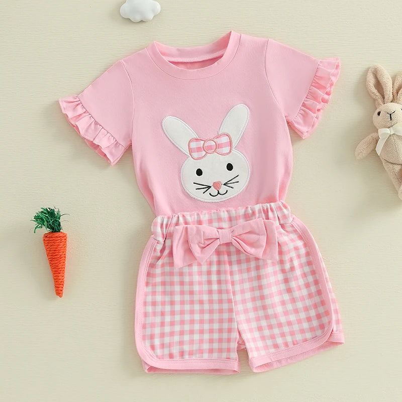 Adorable Toddler Girls Easter Outfits with Bunny Embroidery and Plaid Shorts - 2 Piece Set for Spring Style