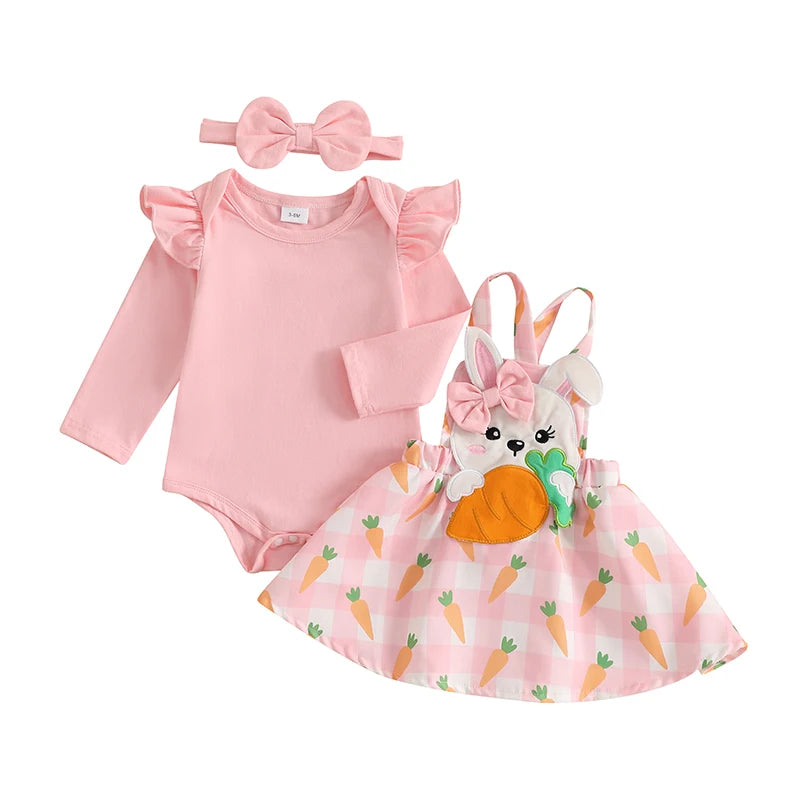 Adorable Baby Girl Easter Outfit with Bunny Applique Ruffle Romper Suspender Skirt and Bow Headband - 3 Piece Spring Set