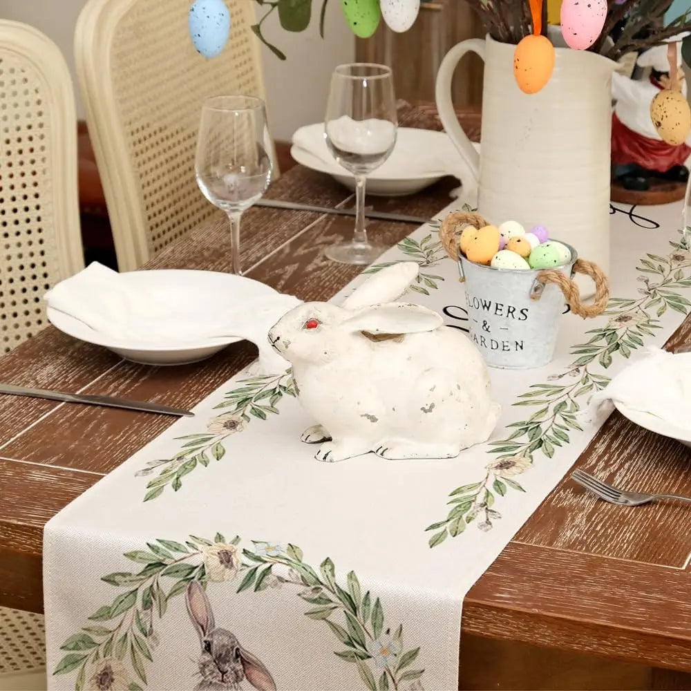 Easter Bunny Rabbit Leaf Floral Linen Table Runner Holiday Party Decor Spring Farmhouse Dining Table Runner Easter Decorations