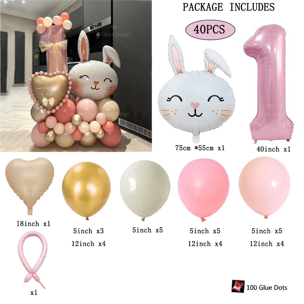 40pcs Easter Themed Cute Rabbit Foil Balloon 40inch Pink Number 1-9 Balloon Set for Girl Birthday Party Decoration Baby Shower