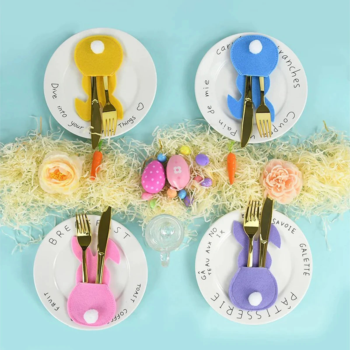 4pcs Felt Bunny Rabbit Knife Fork Holder Bags Easter Cutlery Bag Tableware Spring Easter Festival Party Home Table Decorations