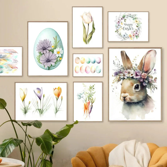 Boho Spring Happy Easter Bunny Pastel Color Wall Art Canvas Painting Nordic Posters And Print Wall Picture For Living Room Decor