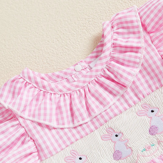 Easter Bunny Embroidered Romper with Ruffle Collar and Smocked Bodice - Adorable Short Sleeve Newborn Outfit for Baby Girl