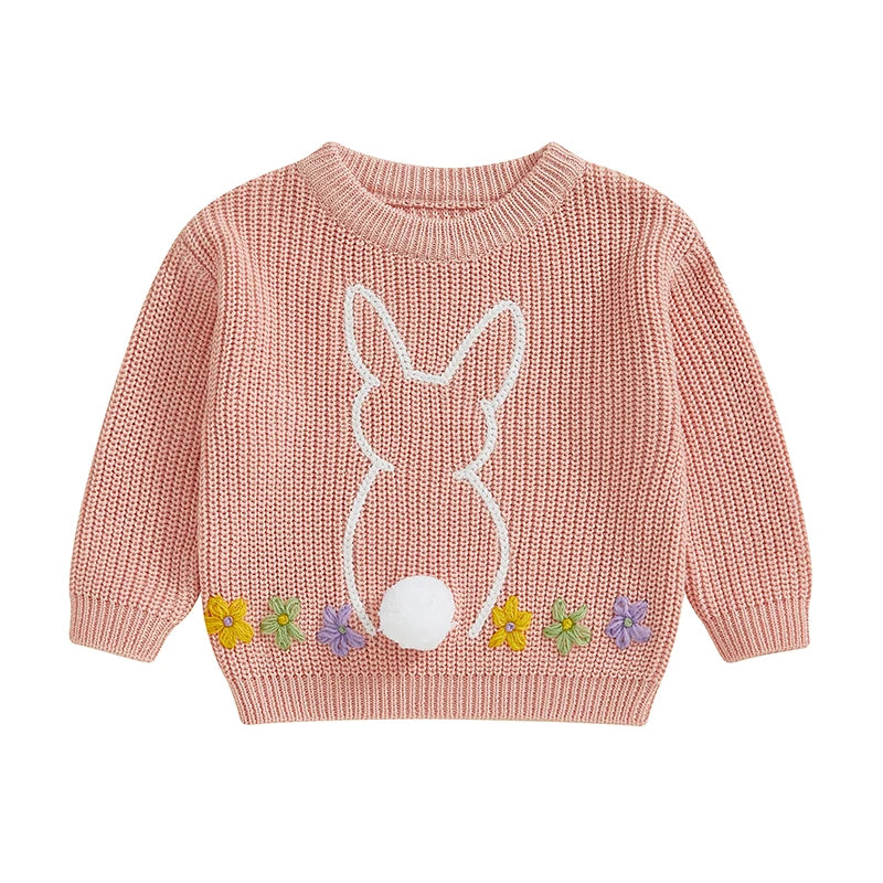 Baby Girls Sweater Easter Clothes Rabbit Flower Embroidery Crew Neck Long Sleeve Pullovers Tops Toddlers Knitwears for 0-3Y