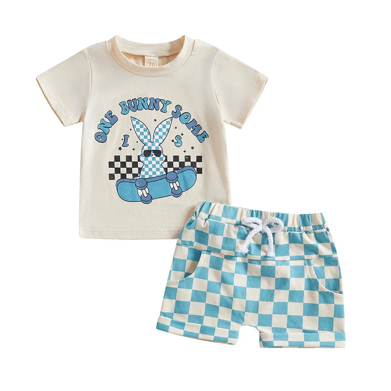 Baby Boys Easter Outfit Short Sleeve Bunny Print Top and Plaid Shorts Set with Matching Bowtie and Suspenders