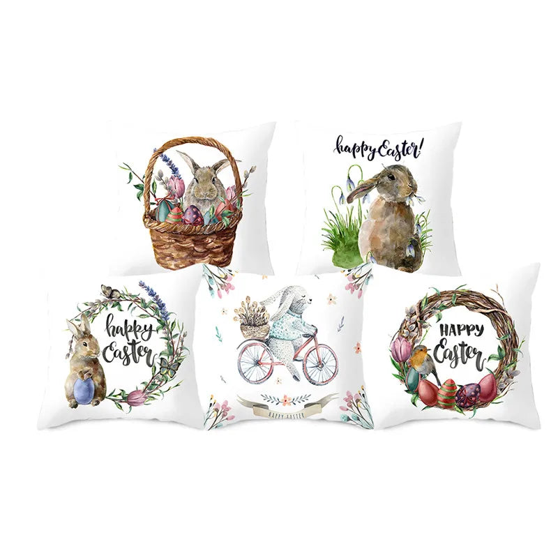 Happy Easter Word Pillow Cover Cute Bunny Cushion Cover Garland Print Pillowcase