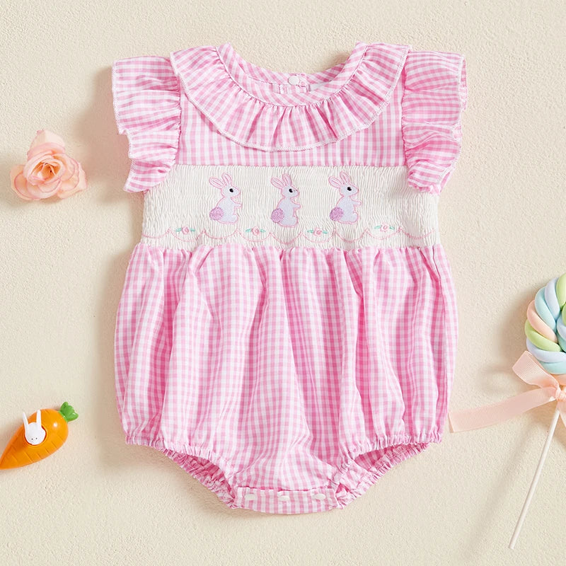 Easter Bunny Embroidered Romper with Ruffle Collar and Smocked Bodice - Adorable Short Sleeve Newborn Outfit for Baby Girl