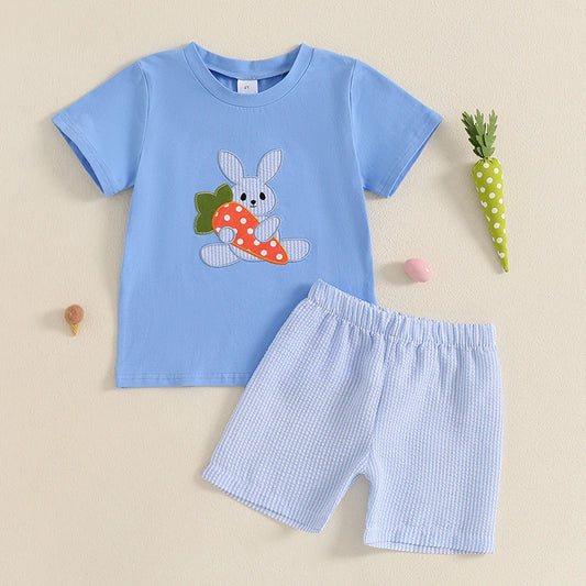 4-6Years Kids Baby Boys Easter Outfits Bunny Carrot Pattern Short Sleeves T-Shirt and Elastic Shorts 2 Piece Summer Set