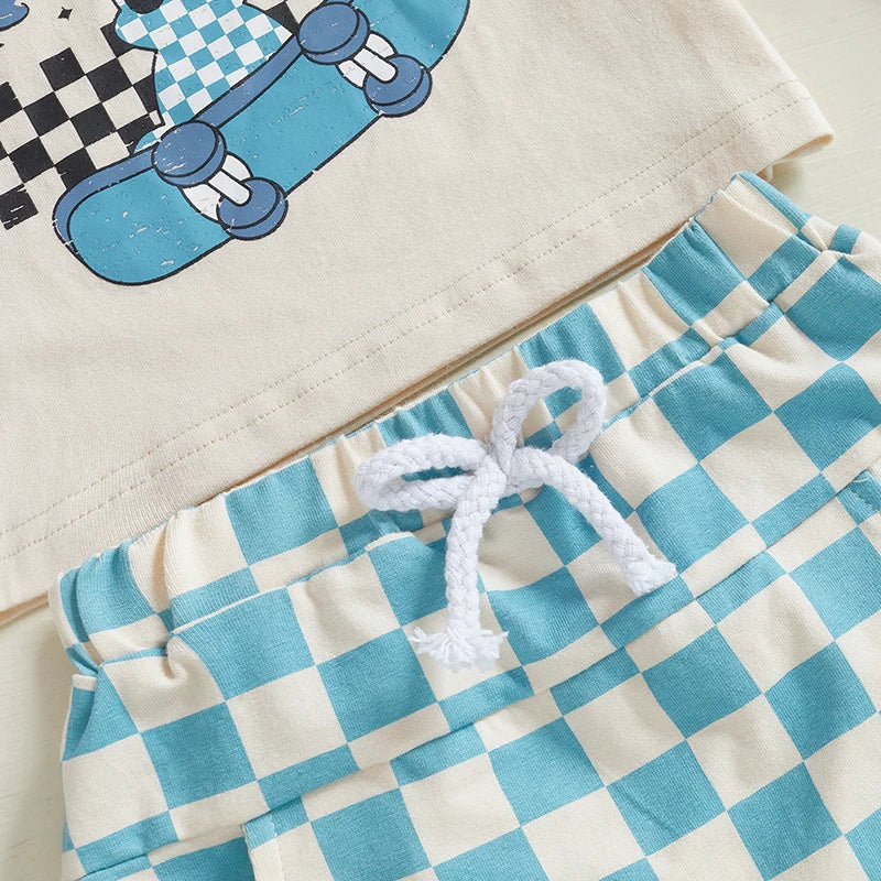 Baby Boys Easter Outfit Short Sleeve Bunny Print Top and Plaid Shorts Set with Matching Bowtie and Suspenders