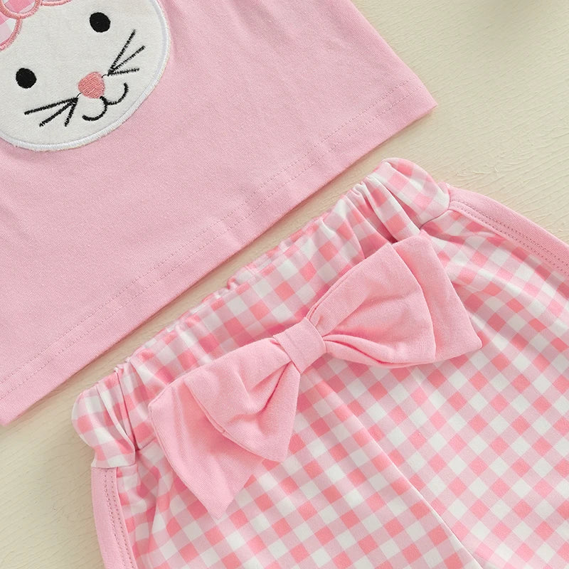 Adorable Toddler Girls Easter Outfits with Bunny Embroidery and Plaid Shorts - 2 Piece Set for Spring Style