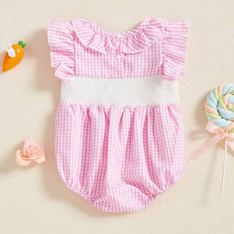 Easter Bunny Embroidered Romper with Ruffle Collar and Smocked Bodice - Adorable Short Sleeve Newborn Outfit for Baby Girl