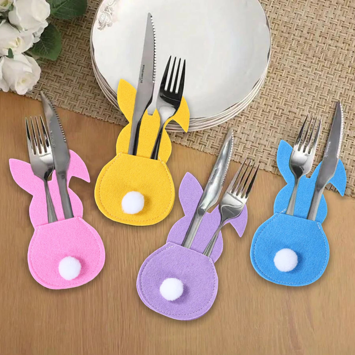4pcs Felt Bunny Rabbit Knife Fork Holder Bags Easter Cutlery Bag Tableware Spring Easter Festival Party Home Table Decorations