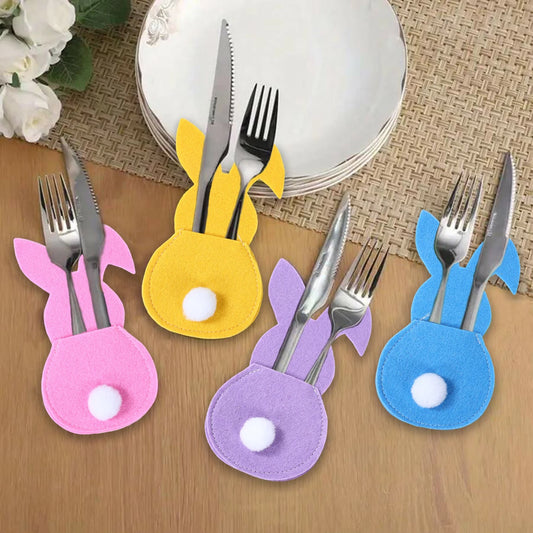 4pcs Felt Bunny Rabbit Knife Fork Holder Bags Easter Cutlery Bag Tableware Spring Easter Festival Party Home Table Decorations