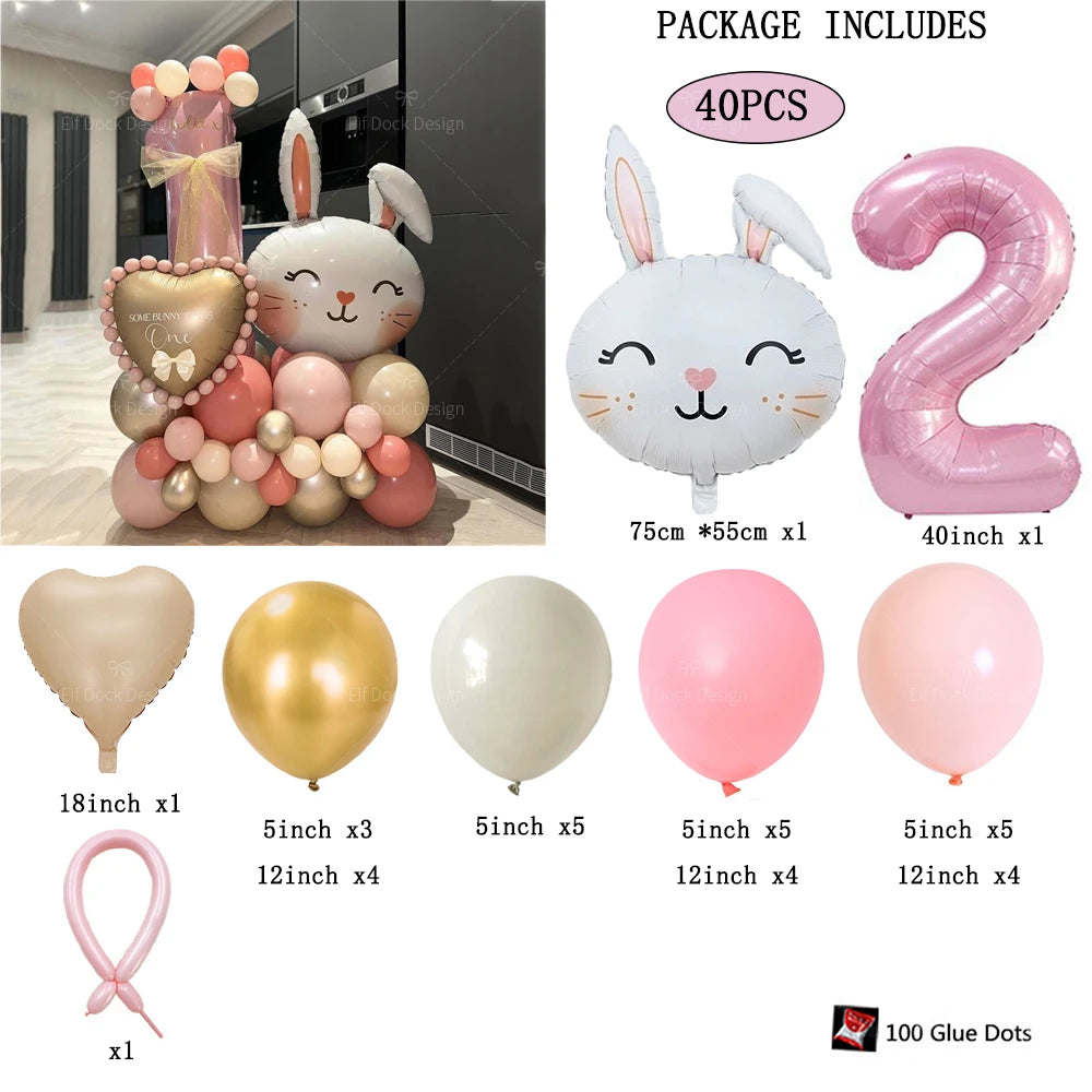 40pcs Easter Themed Cute Rabbit Foil Balloon 40inch Pink Number 1-9 Balloon Set for Girl Birthday Party Decoration Baby Shower