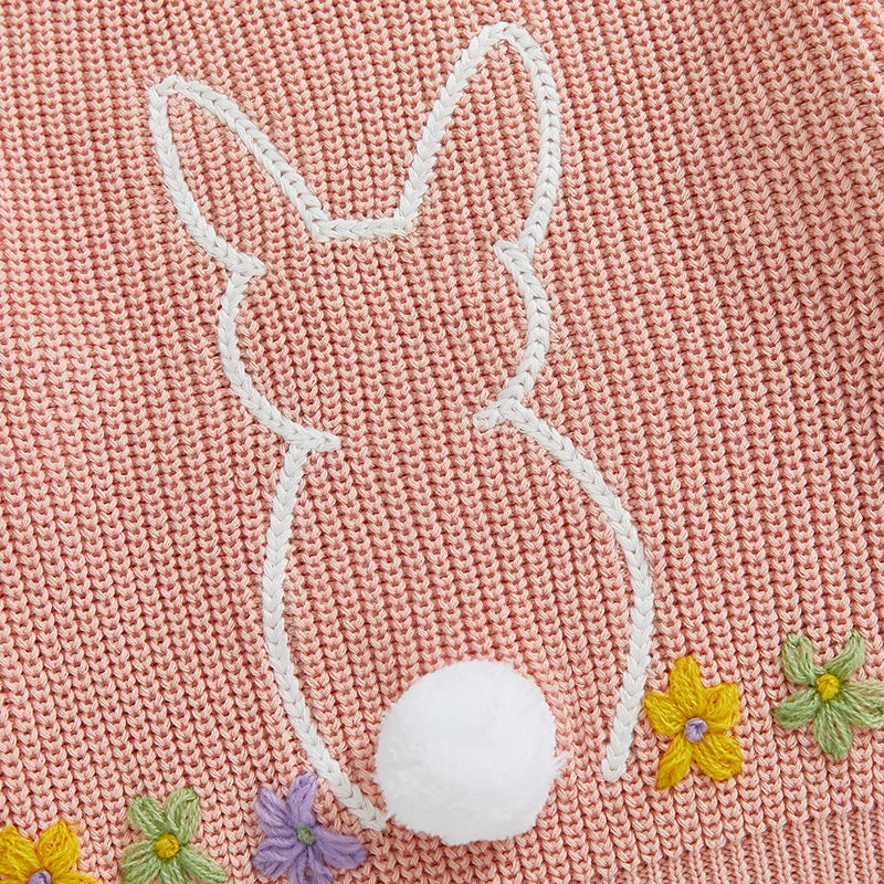 Baby Girls Sweater Easter Clothes Rabbit Flower Embroidery Crew Neck Long Sleeve Pullovers Tops Toddlers Knitwears for 0-3Y