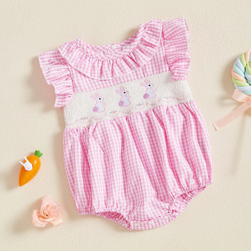 Easter Bunny Embroidered Romper with Ruffle Collar and Smocked Bodice - Adorable Short Sleeve Newborn Outfit for Baby Girl