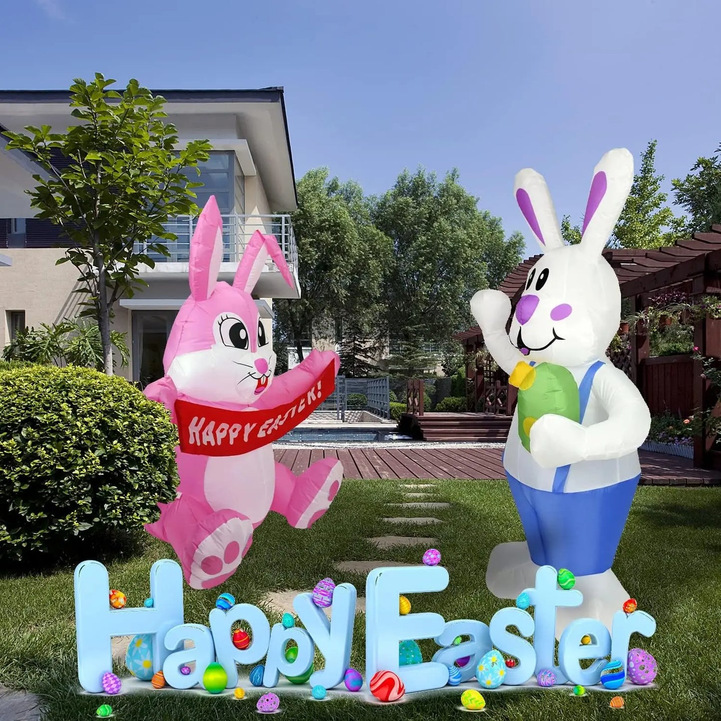 6.2FT Blue Bunny Inflatable Easter Inflatables Decorations LED Lights Blow Up Yard Decorations Indoor Outdoor Garden Decorations