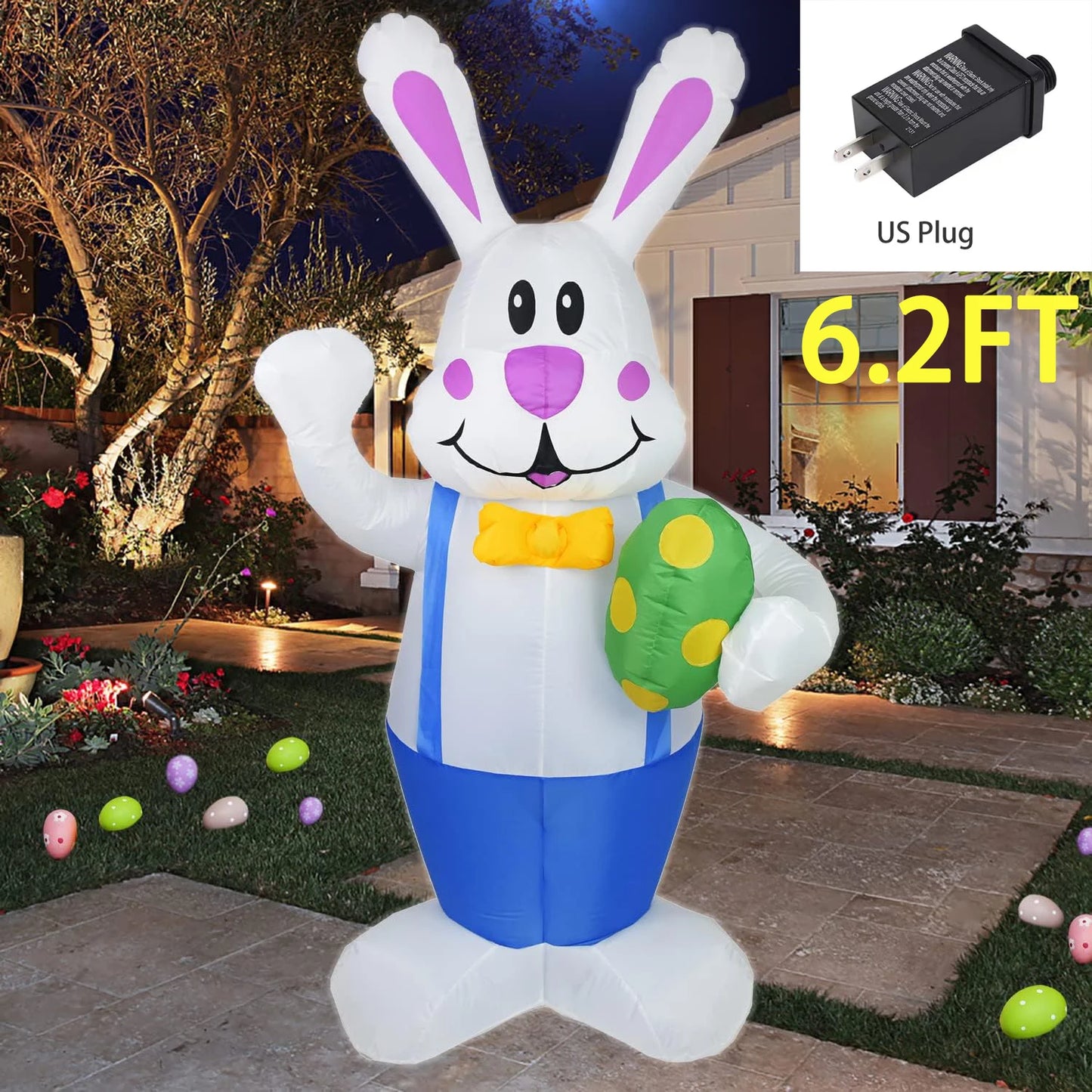 6.2FT Blue Bunny Inflatable Easter Inflatables Decorations LED Lights Blow Up Yard Decorations Indoor Outdoor Garden Decorations
