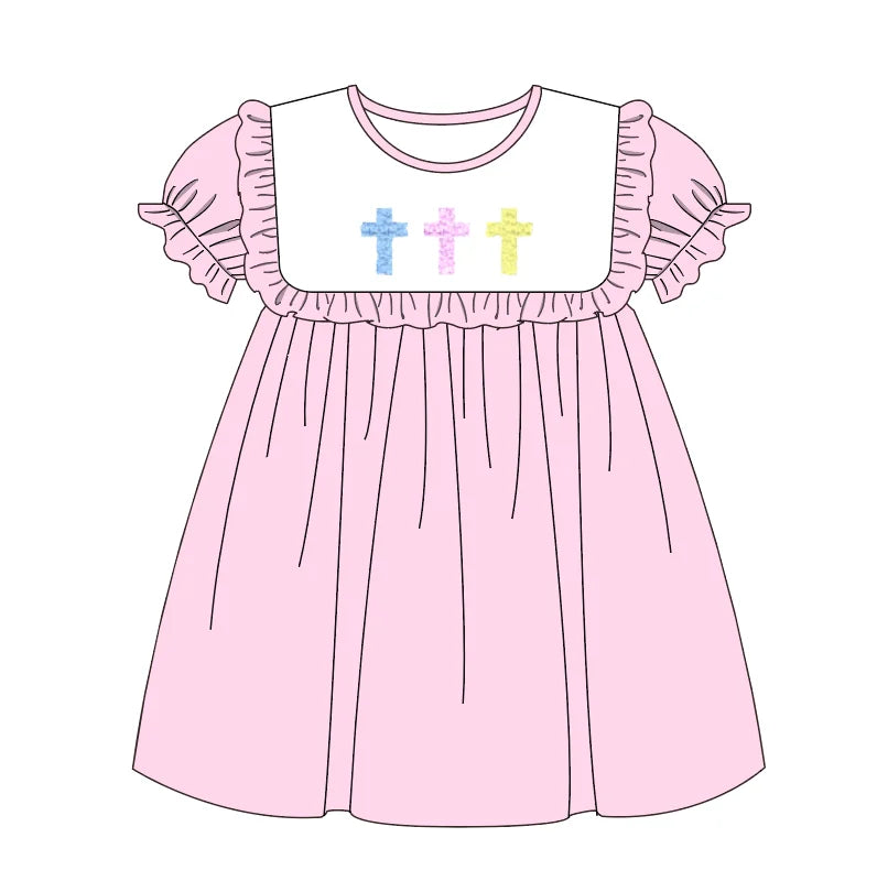 Easter Boutique Short Sleeve T-shirt Round Neck Cross French Knot Girl Dress Pink Romper Boy Blue Top Clothes And Lattice Pants